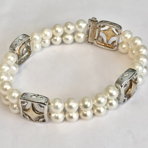 Vintage Sterling Silver White Pearl Bracelet Ross & Simons Estate Double Strand - Picture 5 of 16